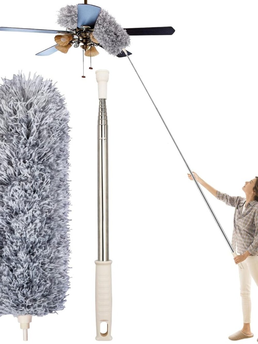 Microfiber Feather Duster, High Ceiling Fans with 30-100 Inch Pole, Gray
